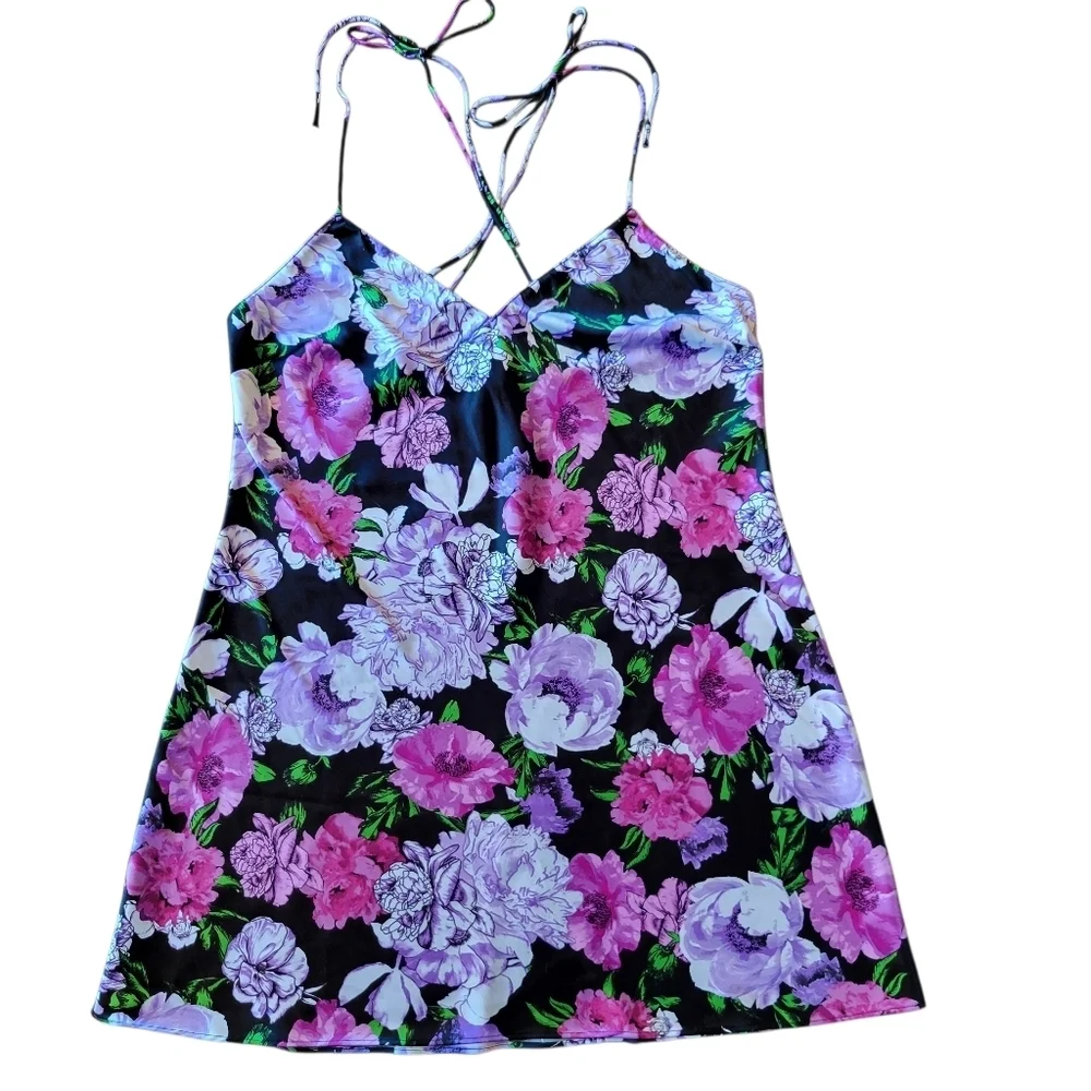 Victoria's Secret Tie Shoulders Black Pink Purple Rose Floral Satin Mini Slip